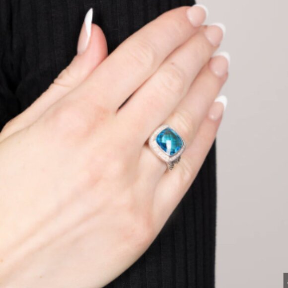 David Yurman Silver Ring with Blue Gem and Diamonds - Picture 2 of 5